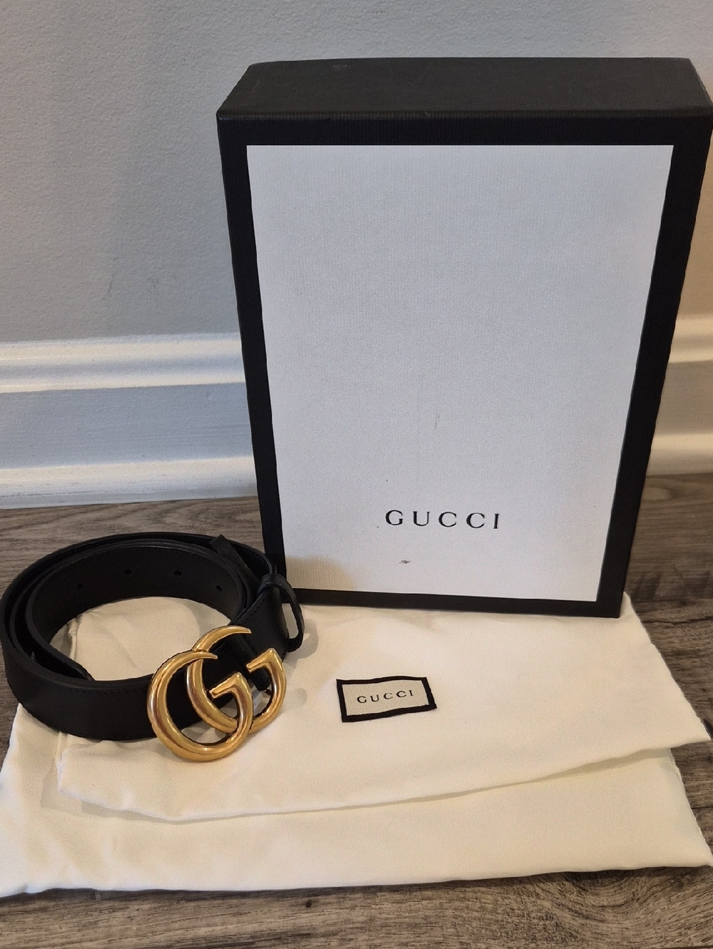 Gucci Black Leather Belt with Gold Double G Buckle